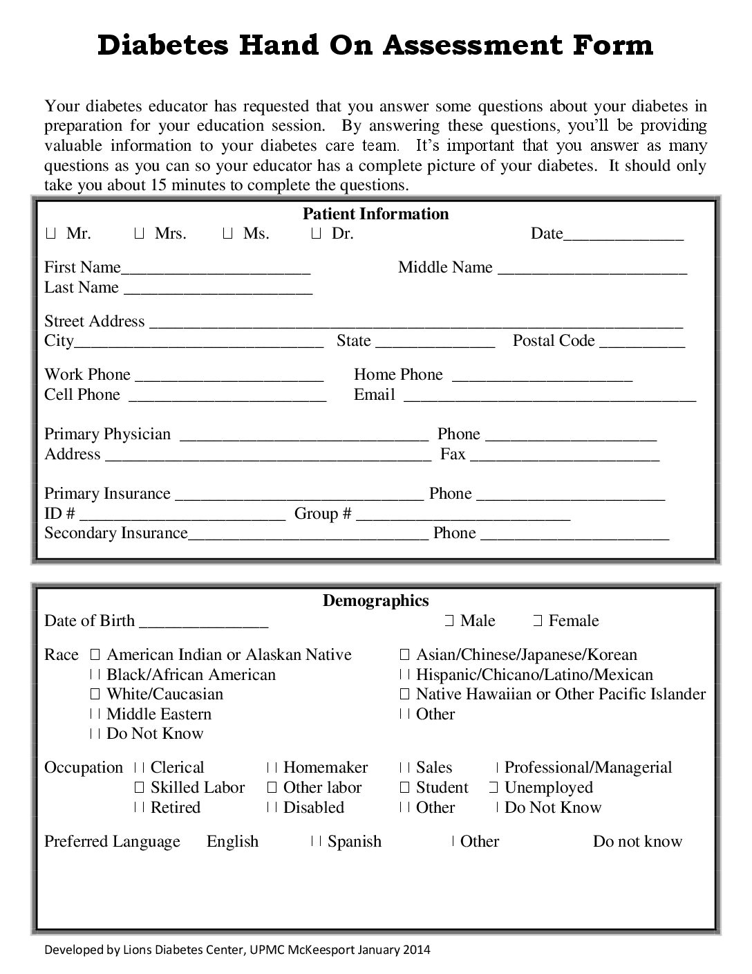 New Patient Assessment Form for Diabetes Hands On   Coastal Bend ...